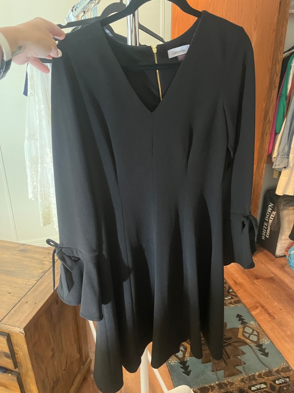 Calvin Klein Black V-Neck Tie-Cuff Fit-and-Flare Dress